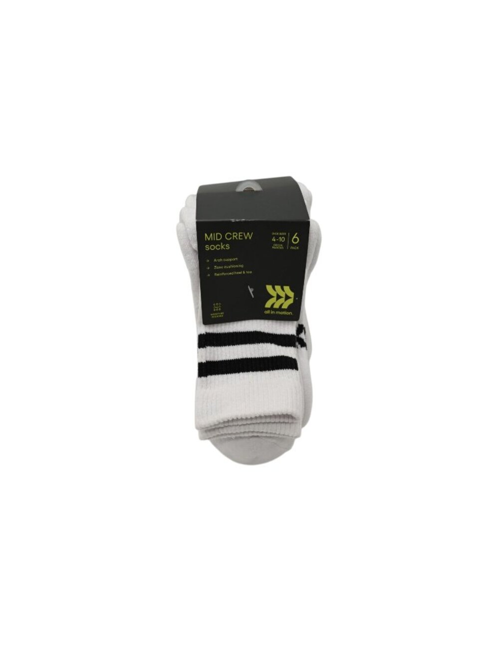 NIP All in Motion Mid Crew Socks 6 Pack Shoe Sz 4-10 White Athletic Sport